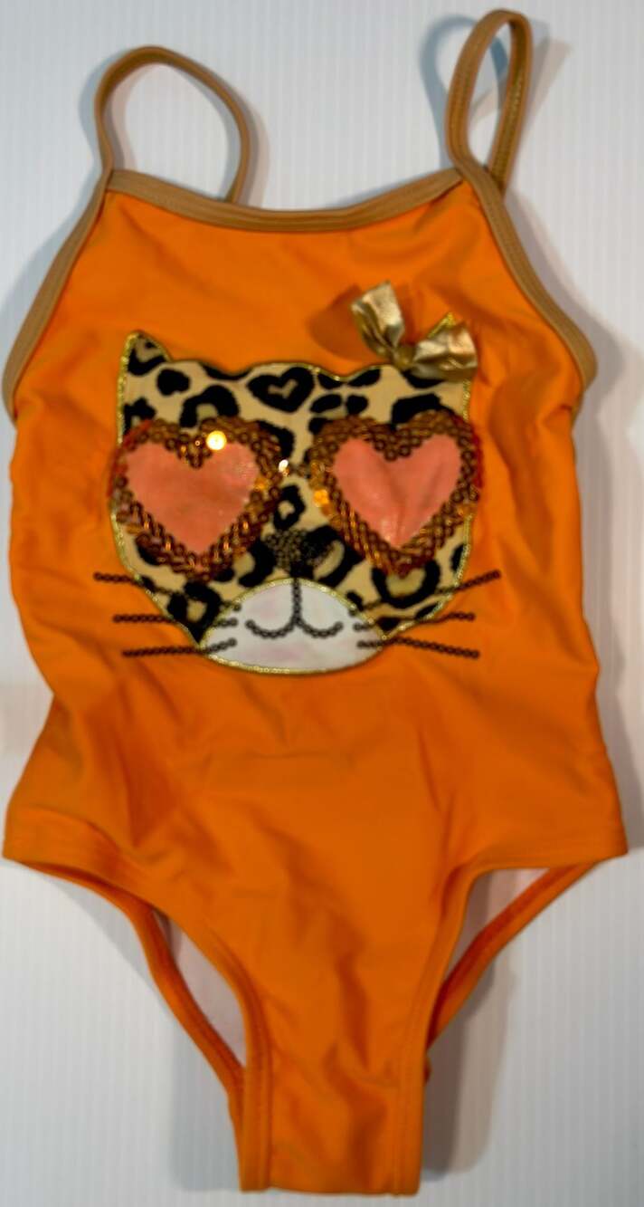 Flapdoodles Orange Leopard Sequin Heart One-Piece Swimsuit Size 3T